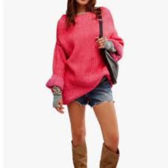 6 - NWT FREE PEOPLE CHARLOTTE TUNIC OVERSIZED SWEATER PINK BLOSSOM GLOW - Picture 2 of 4